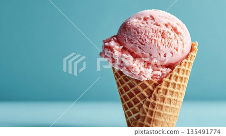 Delicious pink ice cream melting in waffle cone on turquoise background Delicious pink ice cream melting in waffle cone on turquoise background 135491774