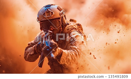 Soldier aiming assault rifle during military operation in desert storm Soldier aiming assault rifle during military operation in desert storm 135491809