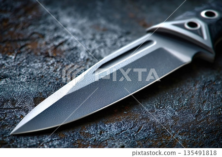 Sharp tactical knife resting on textured metal surface Sharp tactical knife resting on textured metal surface 135491818