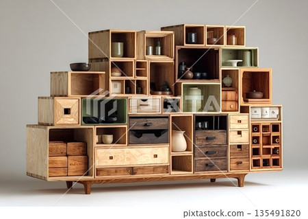 Wooden display cabinet showcasing ceramics and tea ceremony accessories 135491820