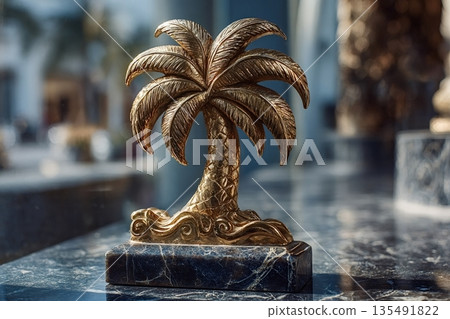 Golden palm tree figurine representing tropical paradise and luxury lifestyle Golden palm tree figurine representing tropical paradise and luxury lifestyle 135491822