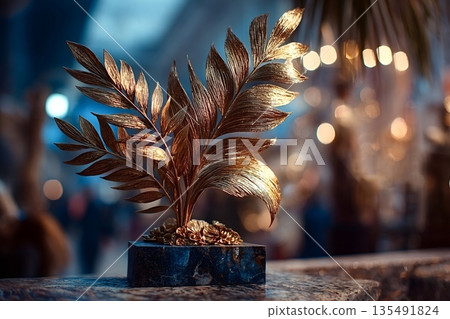 Golden metal leaves decoration shining on marble pedestal in blurred background Golden metal leaves decoration shining on marble pedestal in blurred background 135491824