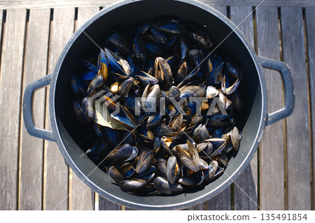Fresh steamed mussels served in shell with broth or lemon. Fresh steamed mussels served in shell with broth or lemon. 135491854