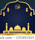 Islamic Blue Night Background with Golden Mosque Silhouette 135491925