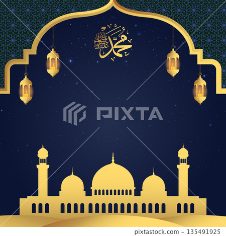 Islamic Blue Night Background with Golden Mosque Silhouette Islamic Blue Night Background with Golden Mosque Silhouette 135491925