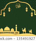 Elegant green Islamic background for social media featuring golden mosque silhouettes, hanging lanterns, and camel caravans in the desert. 135491927