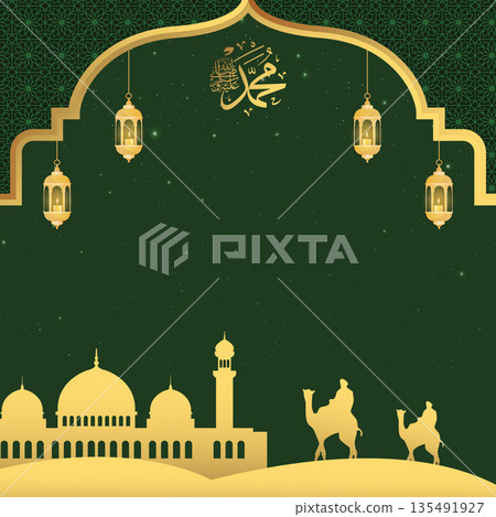 Elegant green Islamic background for social media featuring golden mosque silhouettes, hanging lanterns, and camel caravans in the desert. 135491927