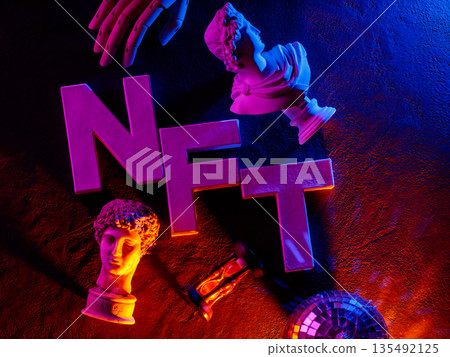 NFT Typography with Classical Bust Sculptures Robotic Hand Disco Ball Neon Lighting 135492125