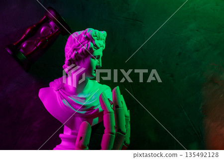 Classical Statue with Hourglass Neon Pink Green Lighting Dark Textured Background Time Concept Classical Statue with Hourglass Neon Pink Green Lighting Dark Textured Background Time Concept 135492128