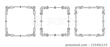 Ornamental Square Frame Set with Filigree Floral Decorative Corners Line Art in Vintage Style. Elegant Ornamental Border Frames for Wedding, Invitation, Poster, Menu, Letterhead. Vector Illustration 135492133