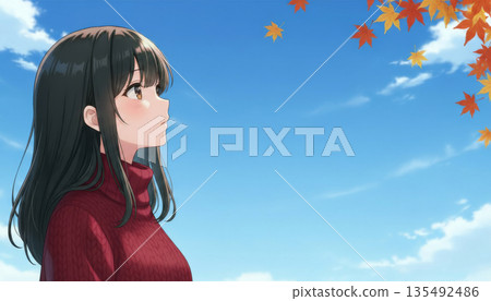 一位女子佇立於秋日的天空下 135492486