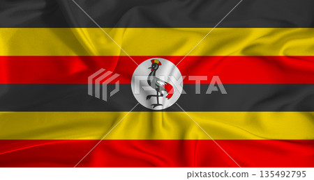 Realistic Uganda flag waving. Close up of flag of Uganda with cloth texture Realistic Uganda flag waving. Close up of flag of Uganda with cloth texture 135492795