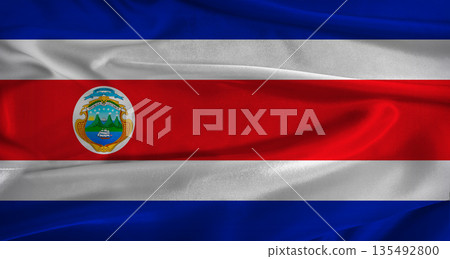 Flag of Costa Rica with fabric textured background. Close up of National flag of Costa Rica with realistic texture Flag of Costa Rica with fabric textured background. Close up of National flag of Costa Rica with realistic texture 135492800