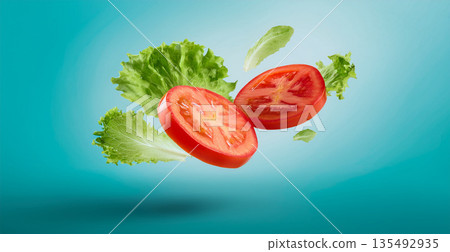 Floating tomato slices and lettuce leaves in mid-air, clean studio background, surreal freshness concept Floating tomato slices and lettuce leaves in mid-air, clean studio background, surreal freshness concept 135492935