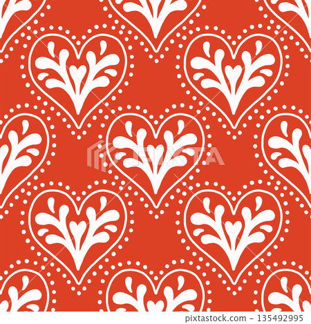 Vector seamless pattern with decorative hearts in a whimsical doodle style. Romantic pink and red design inspired by folk art, perfect for Valentines Day, wrapping paper, textiles, and branding Vector seamless pattern with decorative hearts in a whimsical doodle style. Romantic pink and red design inspired by folk art, perfect for Valentines Day, wrapping paper, textiles, and branding 135492995