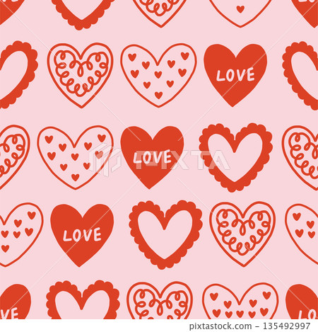 Vector seamless pattern with decorative hearts in a whimsical doodle style. Romantic pink and red design inspired by folk art, perfect for Valentines Day, wrapping paper, textiles, and branding 135492997