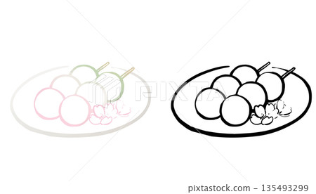 Hanami Dango - Cherry Blossom Season Japanese Sweets Illustration 11 - Line Drawing 135493299