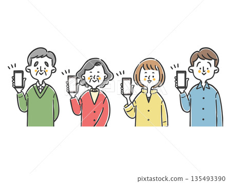 Two generations of family with smartphones, upper body, vector Two generations of family with smartphones, upper body, vector 135493390