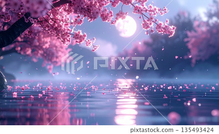 滿月之夜，櫻花盛開，花瓣飄落在水邊——朦朧月光下的櫻花與河流 135493424