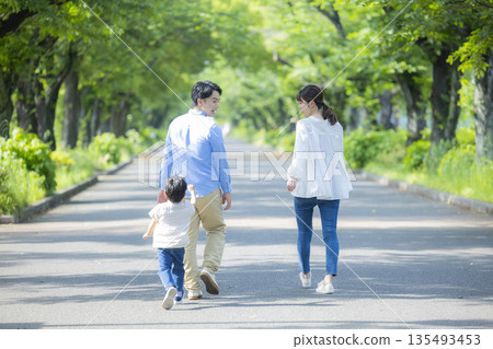 走在新鮮的綠色公園的家庭 走在新鮮的綠色公園的家庭 135493453