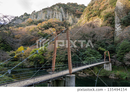 島根縣出雲市,塔奇庫埃峽谷,秋葉掩映下的岩壁巍峨聳立。 島根縣出雲市,塔奇庫埃峽谷,秋葉掩映下的岩壁巍峨聳立。 135494154