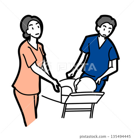 Stock Illustration: Vector illustration of a doctor and nurse carrying an emergency patient on a stretcher 135494445
