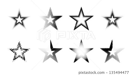 Eight unique black star shapes with halftone dot patterns and gradient effects on white Eight unique black star shapes with halftone dot patterns and gradient effects on white 135494477