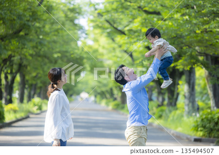 走在新鮮的綠色公園的家庭 135494507