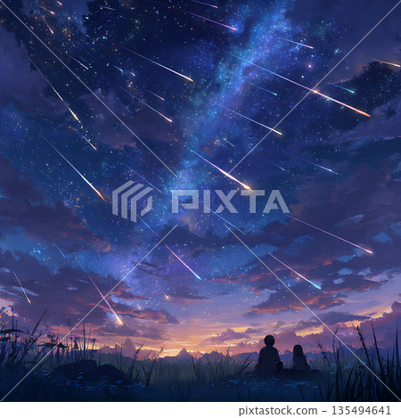 A fantastic night scene illustration of people gazing at the starry sky with a meteor shower falling 135494641