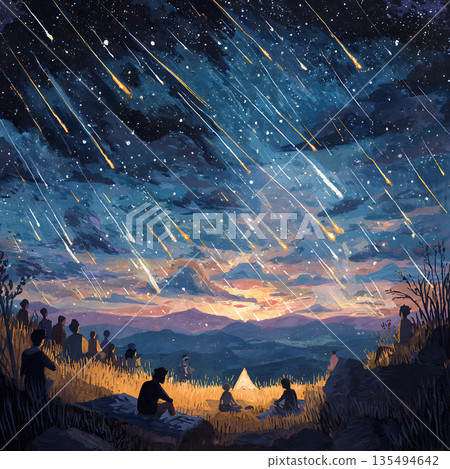 A fantastic night scene illustration of people gazing at the starry sky with a meteor shower falling 135494642