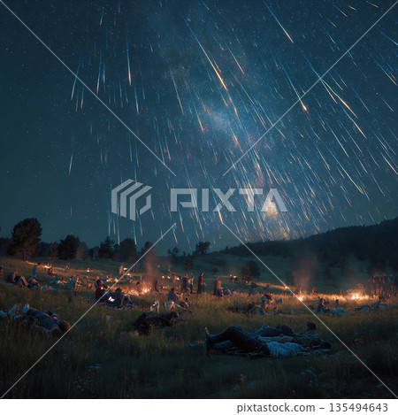 一幅奇妙的夜景插畫，描繪了人們仰望星空，流星雨劃過夜空的景象。 135494643