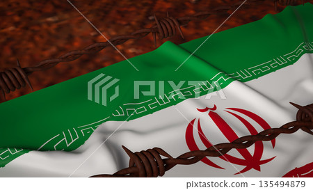 Iran National Flag with Barbed Wire Symbolizing Sanctions and Political Isolation 3d render. Iran National Flag with Barbed Wire Symbolizing Sanctions and Political Isolation 3d render. 135494879