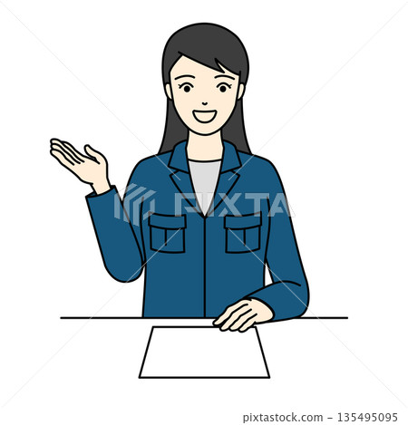 A female staff member in work clothes smilingly guides and explains materials. 135495095