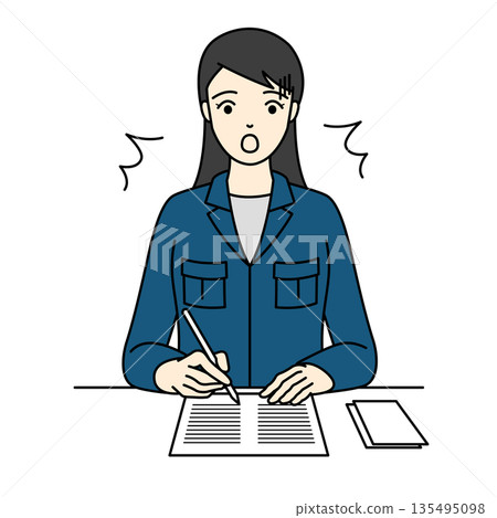 一位身穿工作服的女士在處理文件時，驚訝地發現了一個重要的錯誤或事實。 135495098