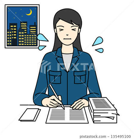 一位身著工作服的女士，因深夜在辦公室撰寫文件而疲憊不堪。 135495100