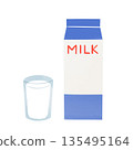 Watercolor style milk illustration of a milk carton and a glass of milk 135495164