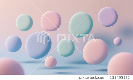 3D pastel soft round shapes floating in air, minimal abstract background design 135495182