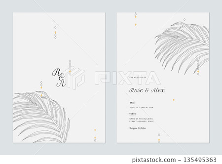 Minimalist wedding invitation card template design, line art illustration of palm leaves on grey 135495363