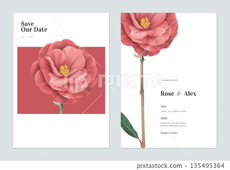 Floral wedding invitation card template design, red Semi-double Camellia flowers with leaves on white 135495364