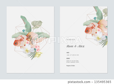 Floral wedding invitation card template design, golden fish with flowers and leaves collage art 135495365