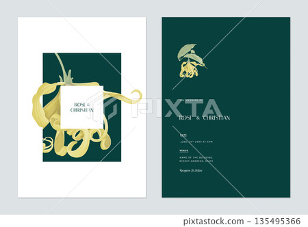 Floral wedding invitation card template design, cananga odorata flowers on dark green Floral wedding invitation card template design, cananga odorata flowers on dark green 135495366
