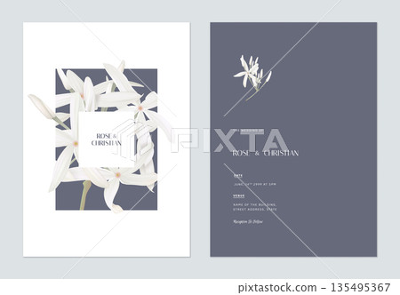 Floral wedding invitation card template design, Medicinal Kopsia flowers on purple 135495367