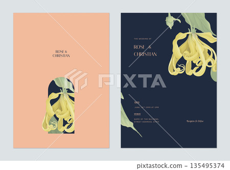 Floral wedding invitation card template design, Cananga odorata flowers with leaves 135495374