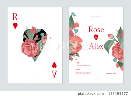 Floral wedding invitation card template design, red Semi-double Camellia and various red flowers with leaves on white 135495377