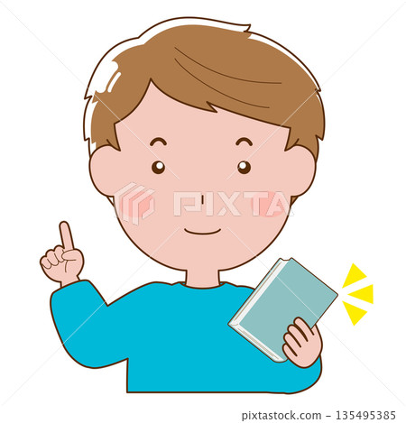 一個男人拿著一本書,食指向上指著。 一個男人拿著一本書,食指向上指著。 135495385