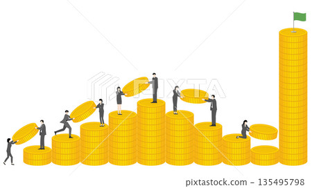 Ultimate Financial Success and Victory Flag. Business People Reaching the Top of Coin Mountain with Success Flag. Profit Goal Accomplishment. Ultimate Financial Success and Victory Flag. Business People Reaching the Top of Coin Mountain with Success Flag. Profit Goal Accomplishment. 135495798