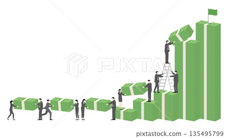 Business people climbing stacks of money with a ladder and goal flag, representing step by step financial growth, wealth building, collaboration, strategic planning, and shared success Business people climbing stacks of money with a ladder and goal flag, representing step by step financial growth, wealth building, collaboration, strategic planning, and shared success 135495799