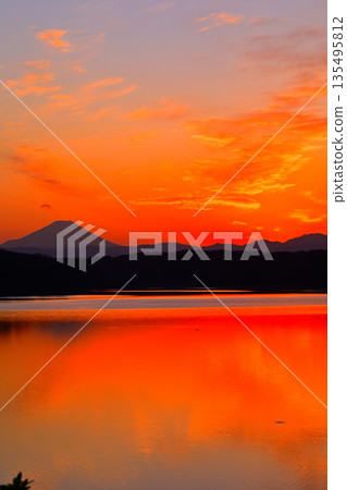 Mount Fuji in the sunset, view from the shore of Lake Sayama Mount Fuji in the sunset, view from the shore of Lake Sayama 135495812
