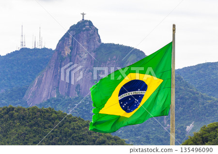 Christ the Redeemer and Brazilian Flag Rio de Janeiro Brazil. 135496090