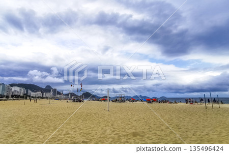 Tropical Copacabana Leme Beach Parasols People Rio de Janeiro Brazil. Tropical Copacabana Leme Beach Parasols People Rio de Janeiro Brazil. 135496424